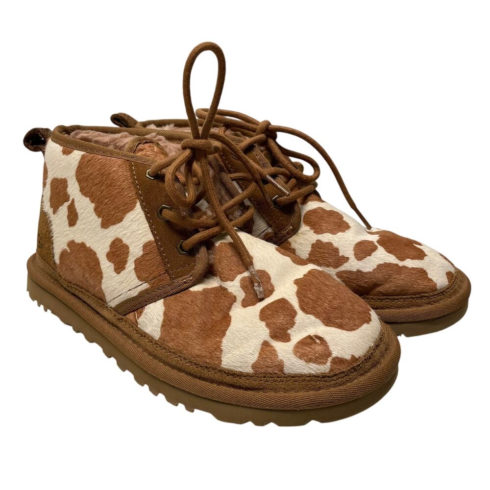 Ugg Neumel Cow Print Chukka Boots 8 Sherpa Cowgirl Heritage Western Brown Lace